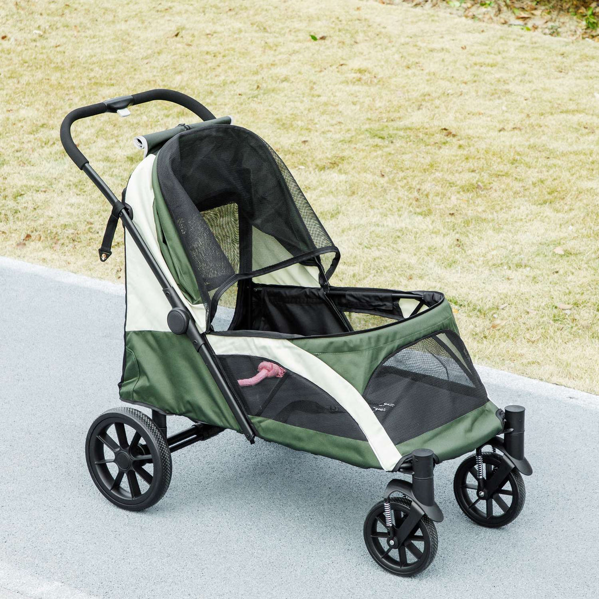 Dog stroller dog buggy foldable for large dogs & cats up to 30 kg cat buggy with cushions mesh windows doors storage bag cat stroller with safety lines, brakes, buggy dark green