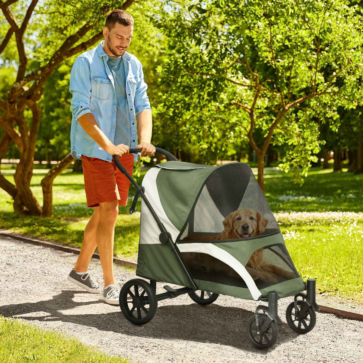 Dog stroller dog buggy foldable for large dogs & cats up to 30 kg cat buggy with cushions mesh windows doors storage bag cat stroller with safety lines, brakes, buggy dark green