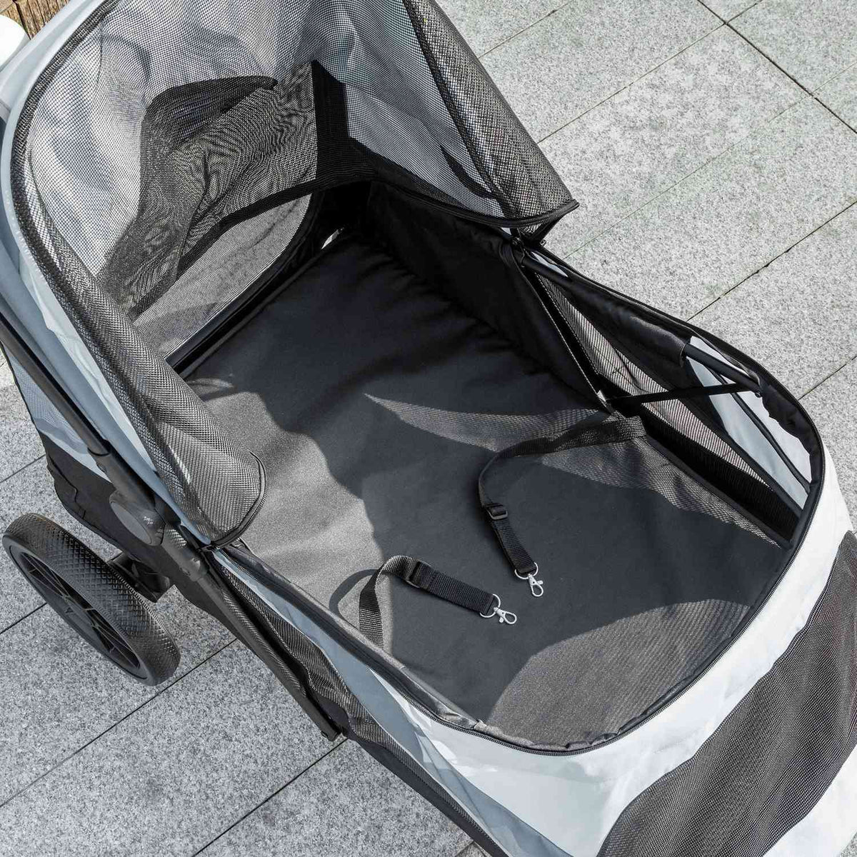 Dog stroller dog buggy foldable for large dogs & cats up to 30 kg cat buggy with cushions mesh windows doors storage bag cat stroller with safety lines, brakes, buggy gray