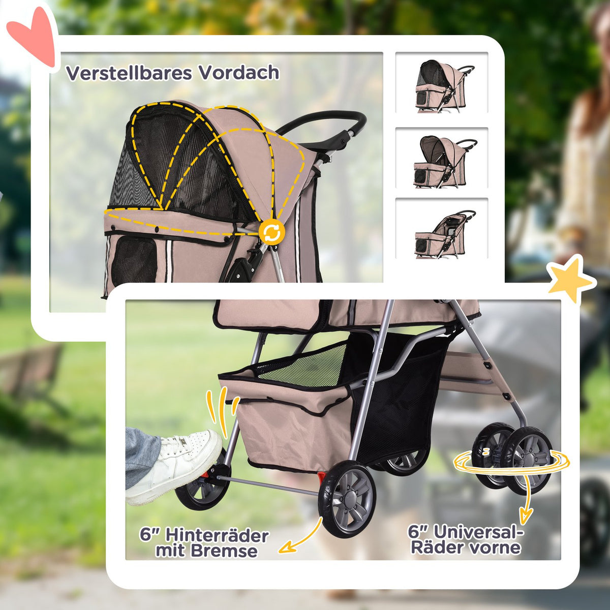 Dog stroller dog buggy in coffee brown, lightweight pet stroller jogger trailer, foldable & practical