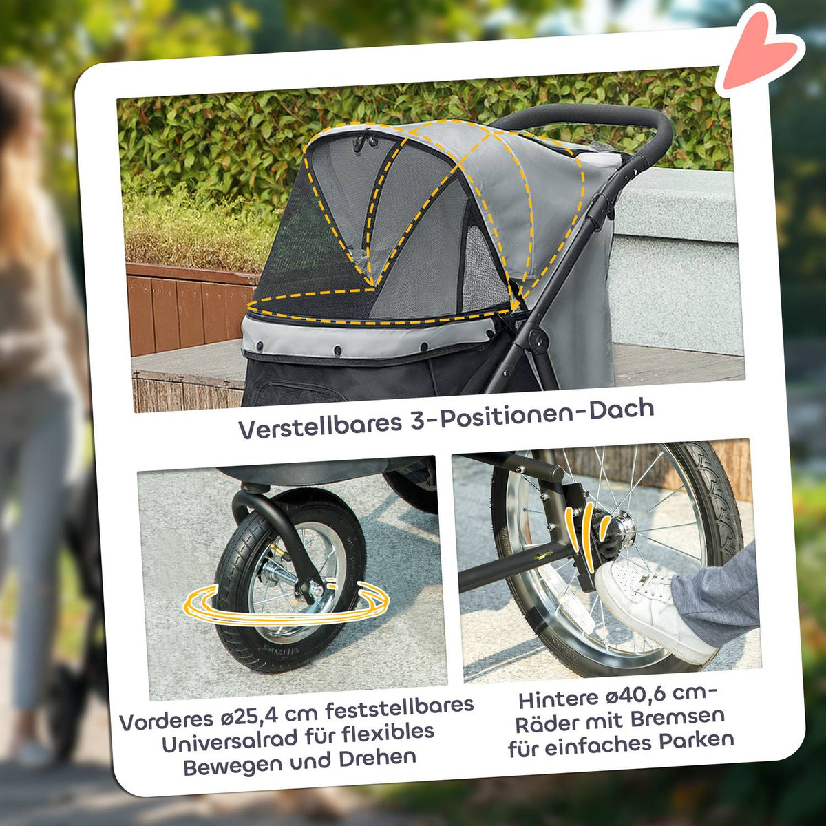 Dog stroller jogger dog buggy foldable for small dogs & cats up to 10 kg cat buggy with 3 large rubber wheels, cushion mesh windows storage basket cat stroller with safety lines, gray |