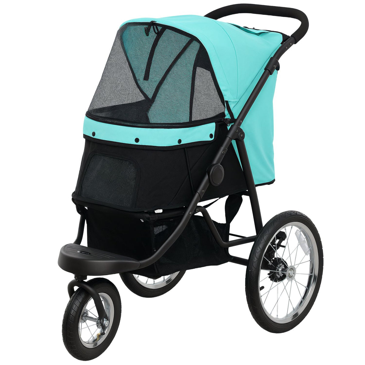 Dog stroller jogger dog buggy foldable for small dogs & cats up to 10 kg cat buggy with 3 large rubber wheels, cushion mesh windows storage basket cat stroller with safety lines, turquoise |