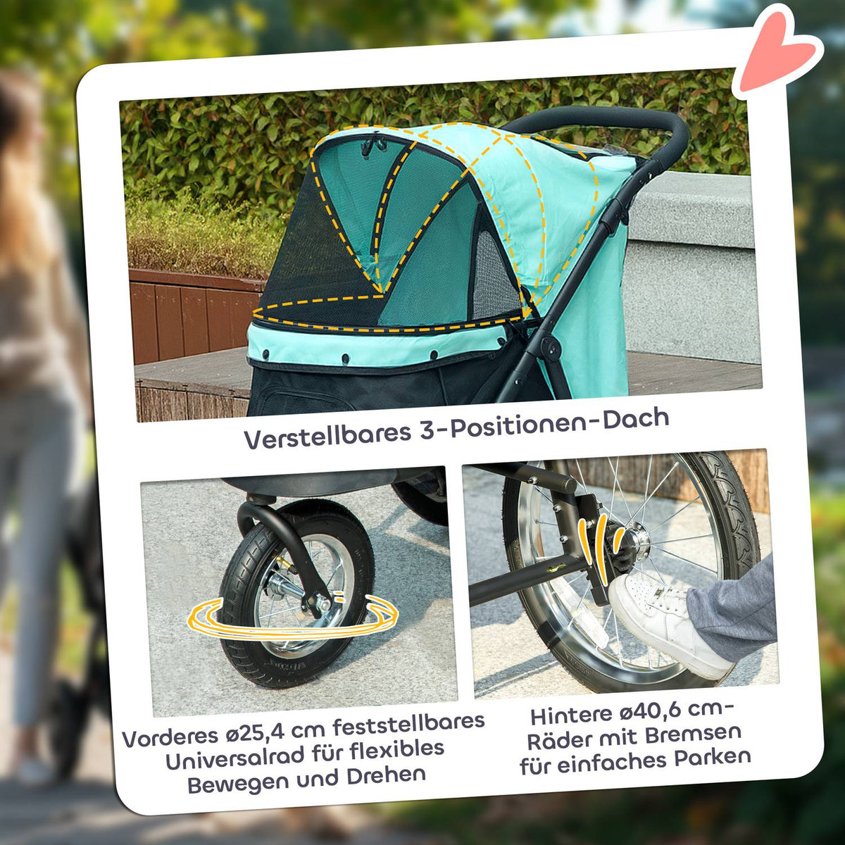 Dog stroller jogger dog buggy foldable for small dogs & cats up to 10 kg cat buggy with 3 large rubber wheels, cushion mesh windows storage basket cat stroller with safety lines, turquoise |