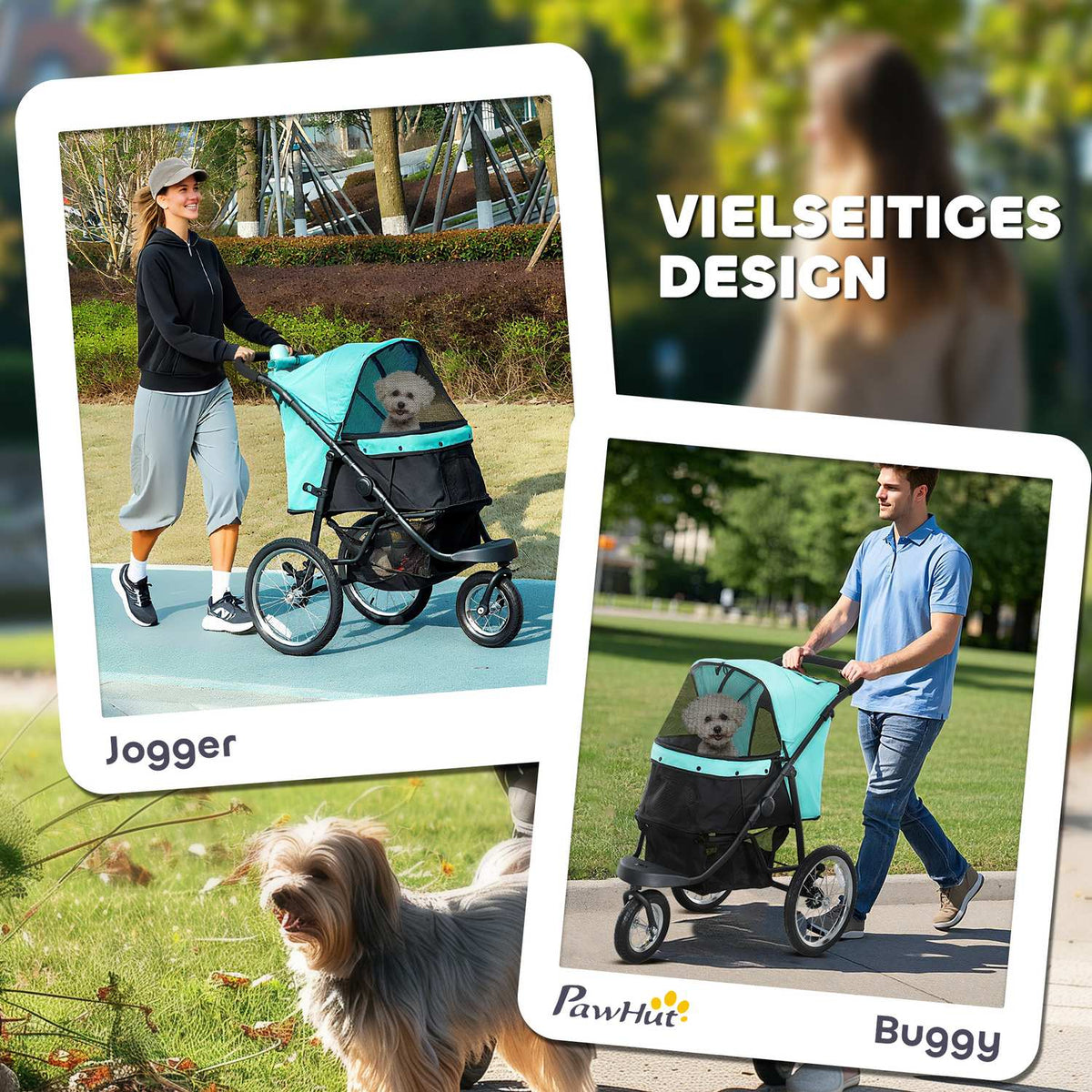 Dog stroller jogger dog buggy foldable for small dogs & cats up to 10 kg cat buggy with 3 large rubber wheels, cushion mesh windows storage basket cat stroller with safety lines, turquoise |