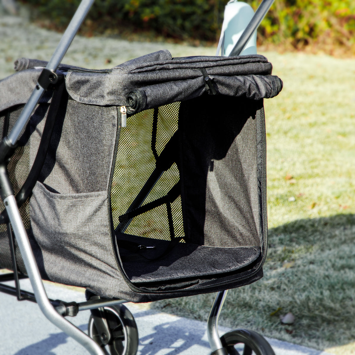 Dog stroller, light dog stroller made of aluminum, foldable for dogs and cats up to 10 kg, cat stroller with cushions, mesh windows, doors, storage basket, cat stroller, buggy, gray
