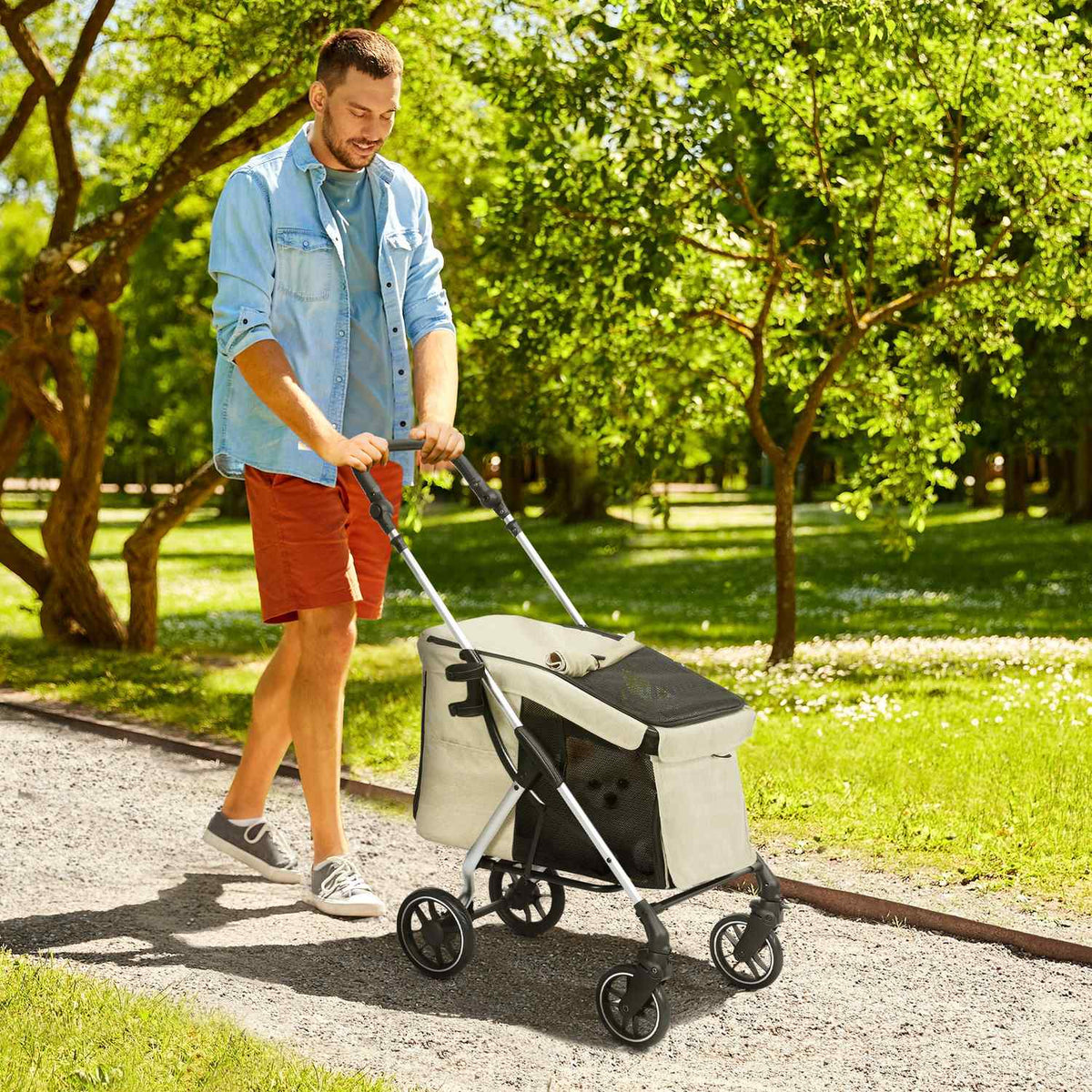 Dog stroller, light dog stroller made of aluminum, foldable for dogs and cats up to 10 kg, cat stroller with cushions, mesh windows, doors, storage basket, cat stroller, buggy, khaki