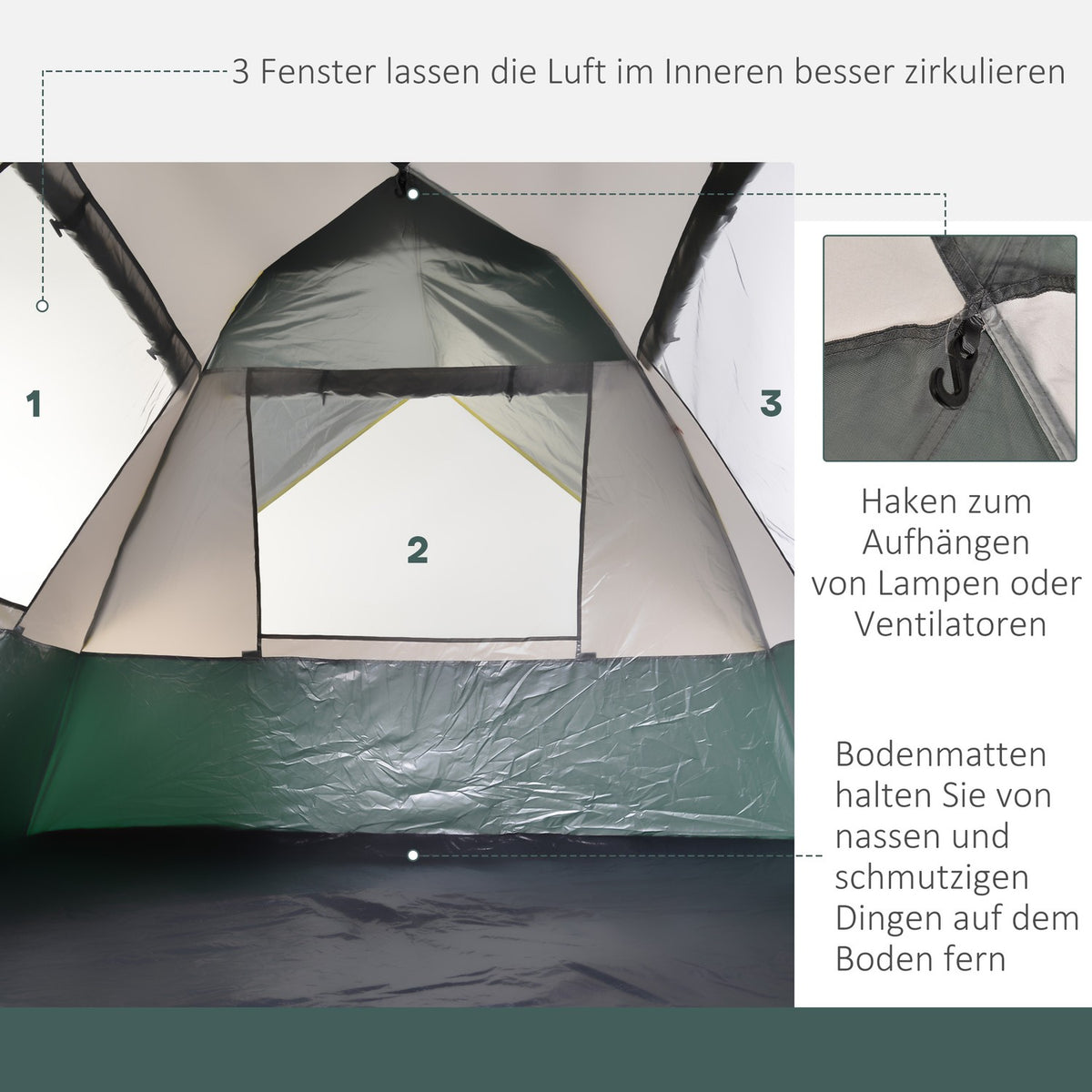 Dome Tent 3 Person Polyester Green 205X195X135Cm Pegs