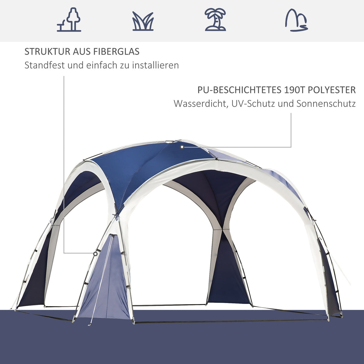 Dome Tent, Garden Tent, Dome Gazebo For 6 To 8 People, Marquee, Party Tent For Patio, Balcony, Polyester, Blue, 3.5 X 3.5 X 2.22 M