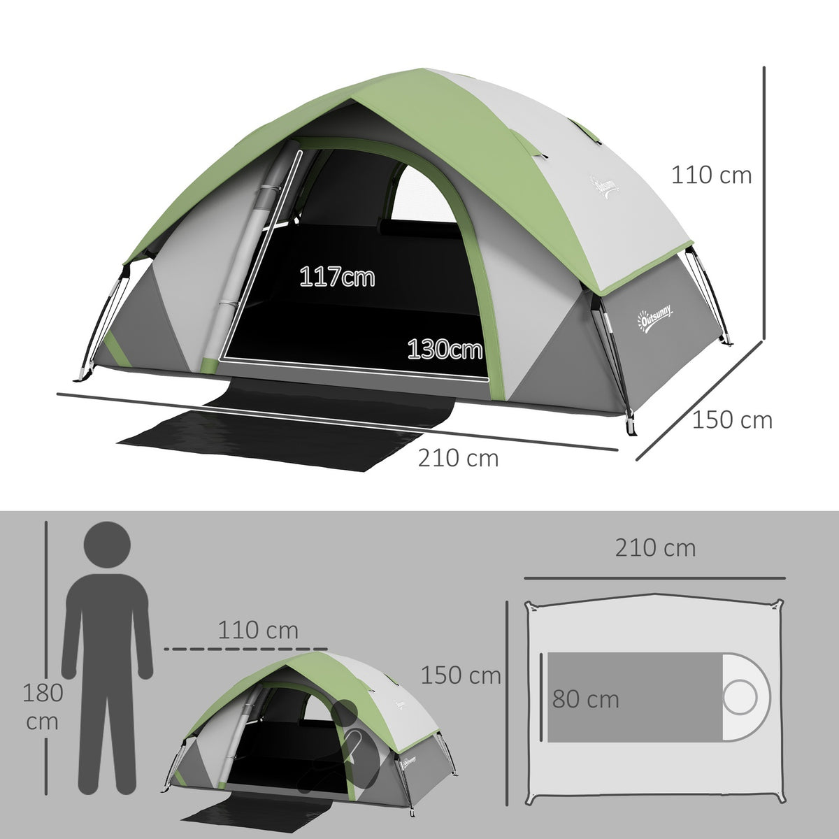 Dome tent for 2 people, lightweight, stable, waterproof family tent with door and window packing bag, hooks, camping tent with 3000 mm water column tent for camping, travel, trekking, garden