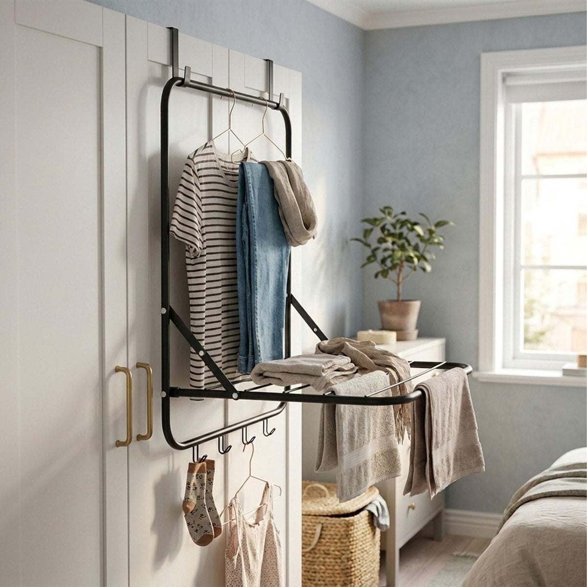 Door-Mounted Clothes Drying Rack, Black, 2.4m Length