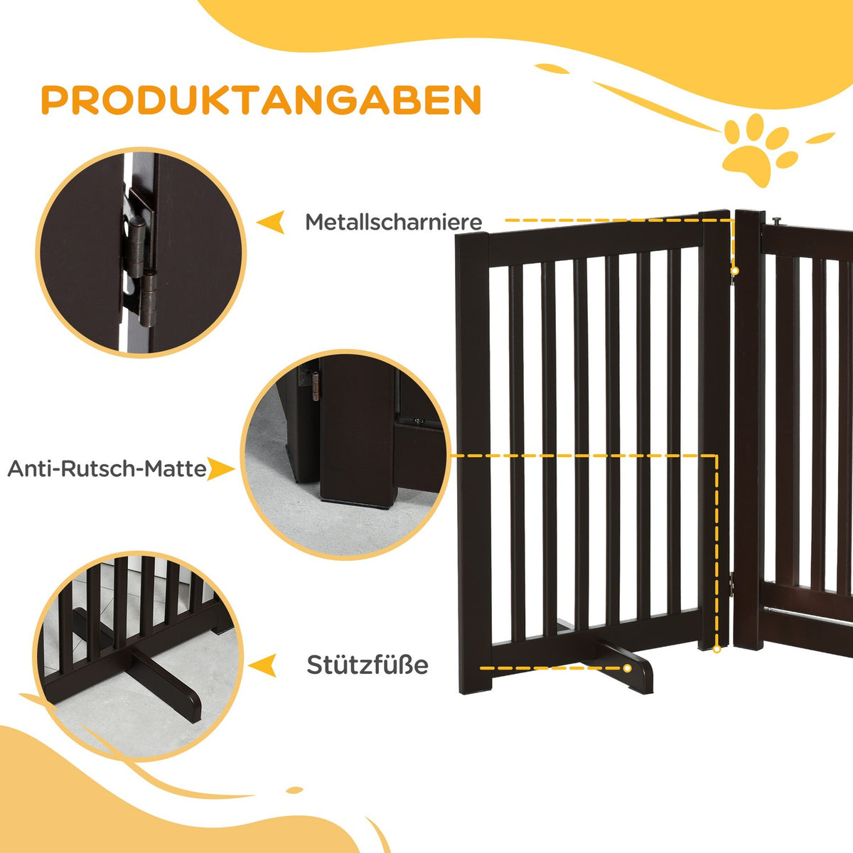 Door Safety Gate Barrier Dog Gate Wooden Freestanding For Dogs Adjustable With Feet Foldable Dark Brown