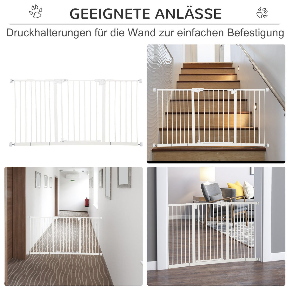 Door Safety Gate Dog Barrier Pet 74-147.5Cm Dog Gate 3 Extensions Stair Gate No Drilling Metal White