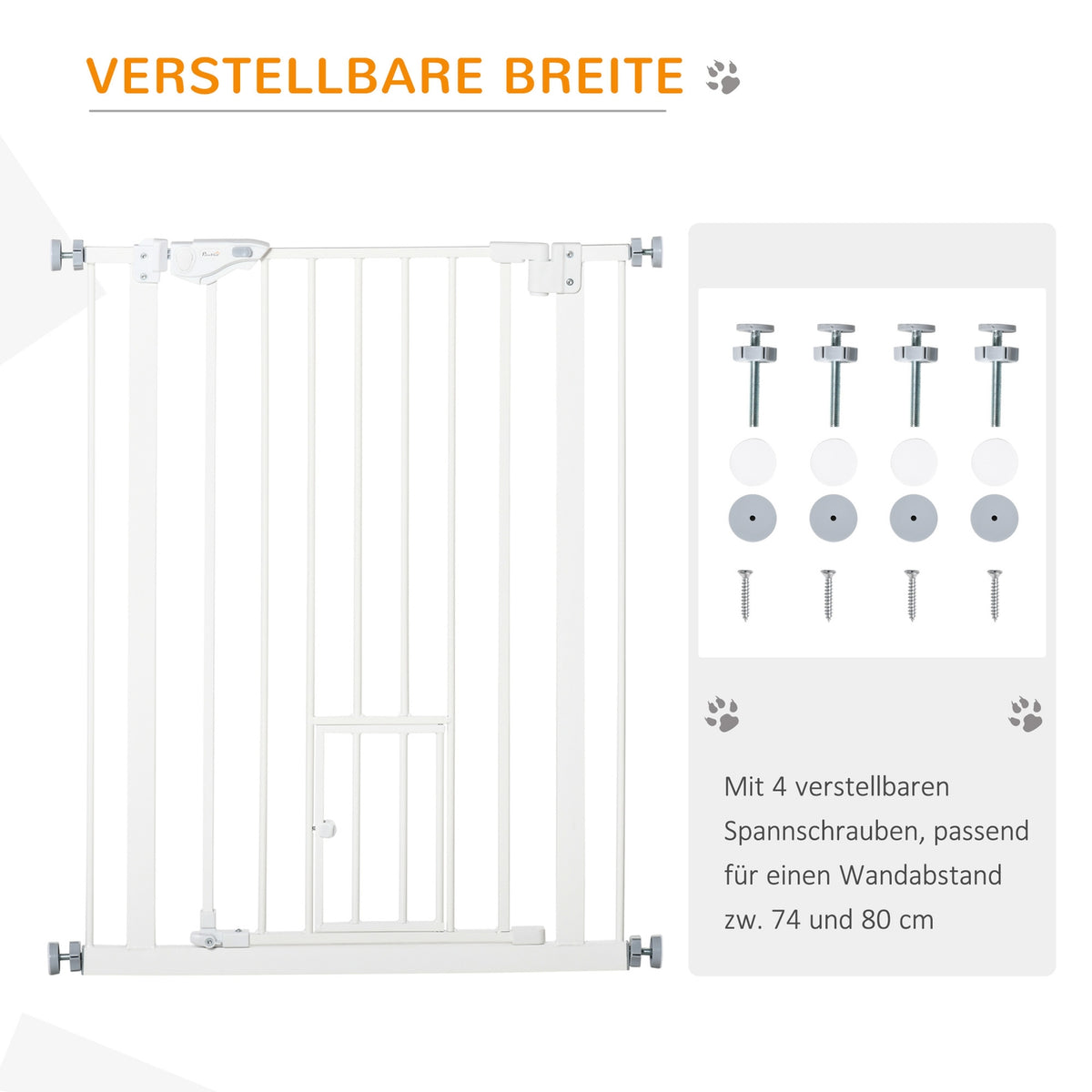 Door Safety Gate For Dogs And Babies, No Drilling Required, With Automatic Closing, 74-80 Cm, Stair Guard
