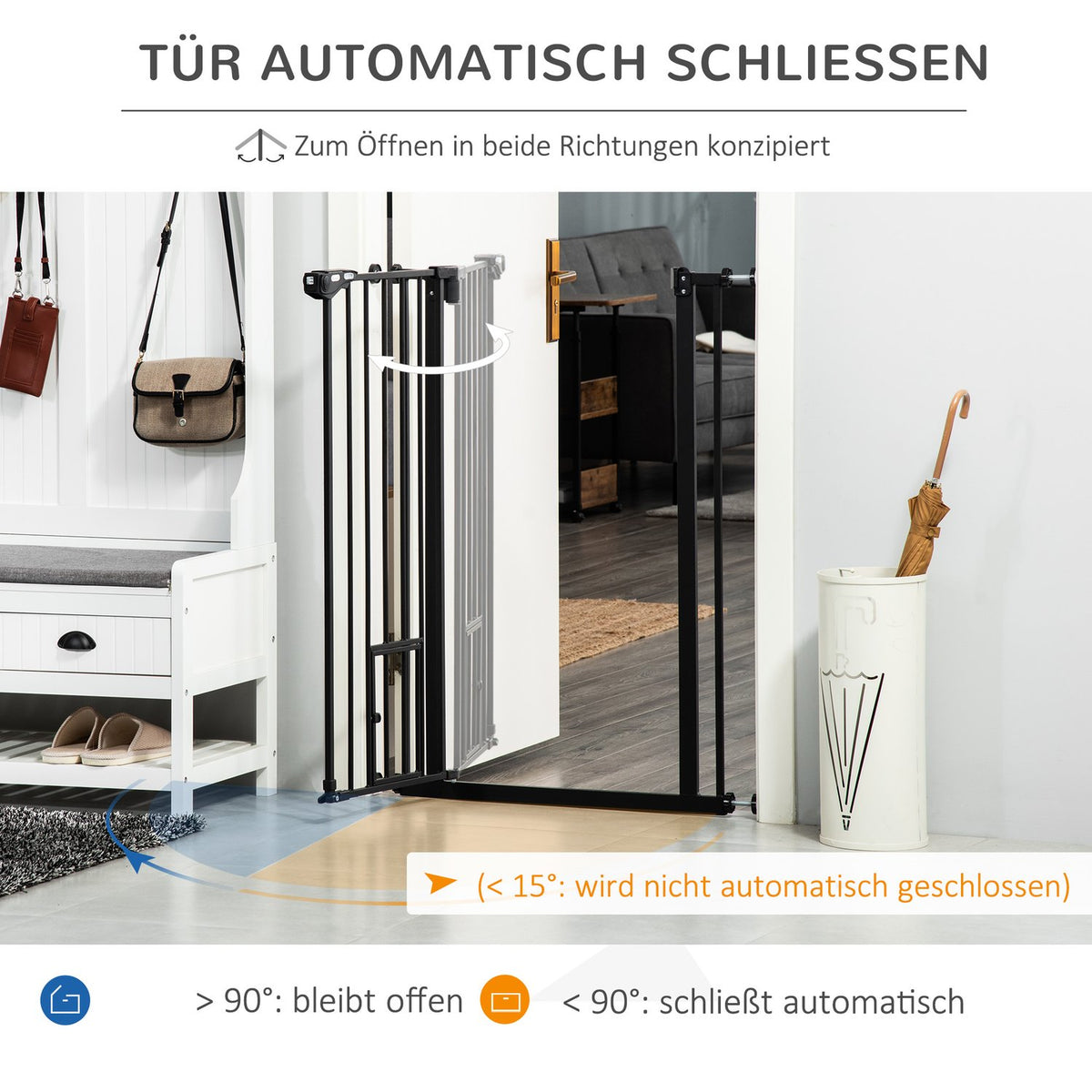 Door gate dog double locking, adjustable length 74-80x104cm cm with automatic door lock, installation without drilling, black