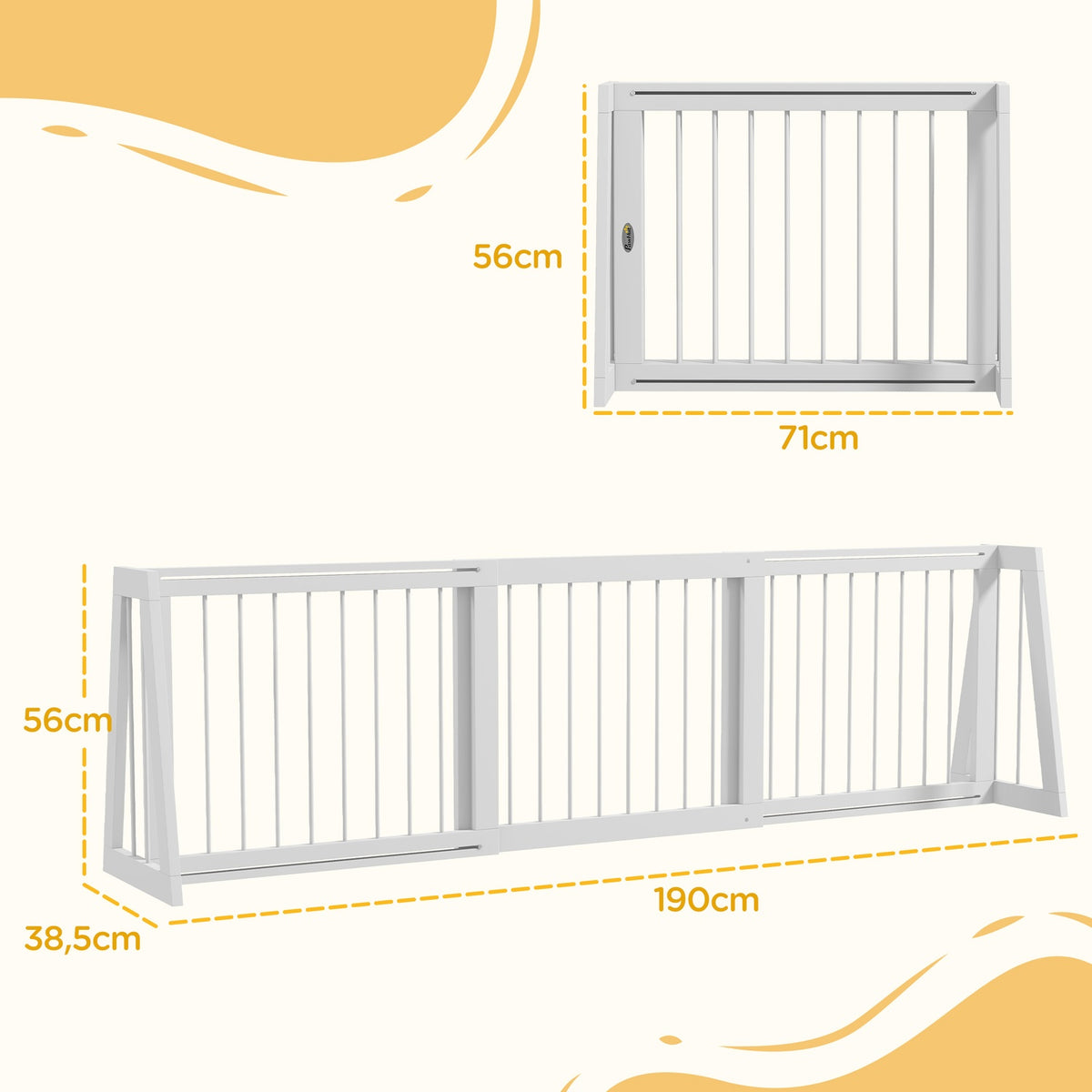 Door gate dog extendable wooden frame 71-190 x 38.5 x 56 cm with 3 panels, stair gate for kitchen, hallway, stairs, white