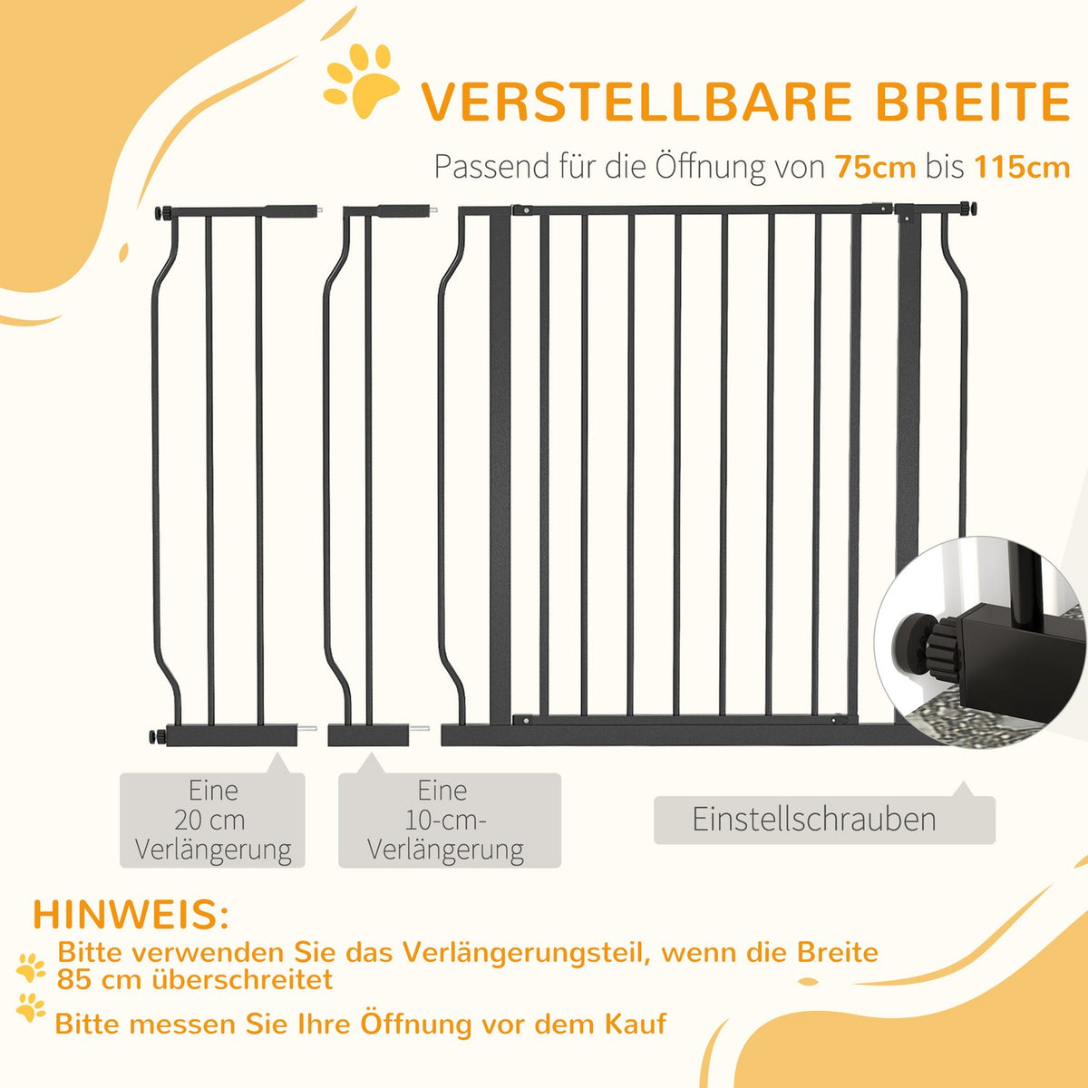 Door gate dog length adjustable, assembly without drilling, baby door gate, protective gate, two-way opening, black, 75-115 cm