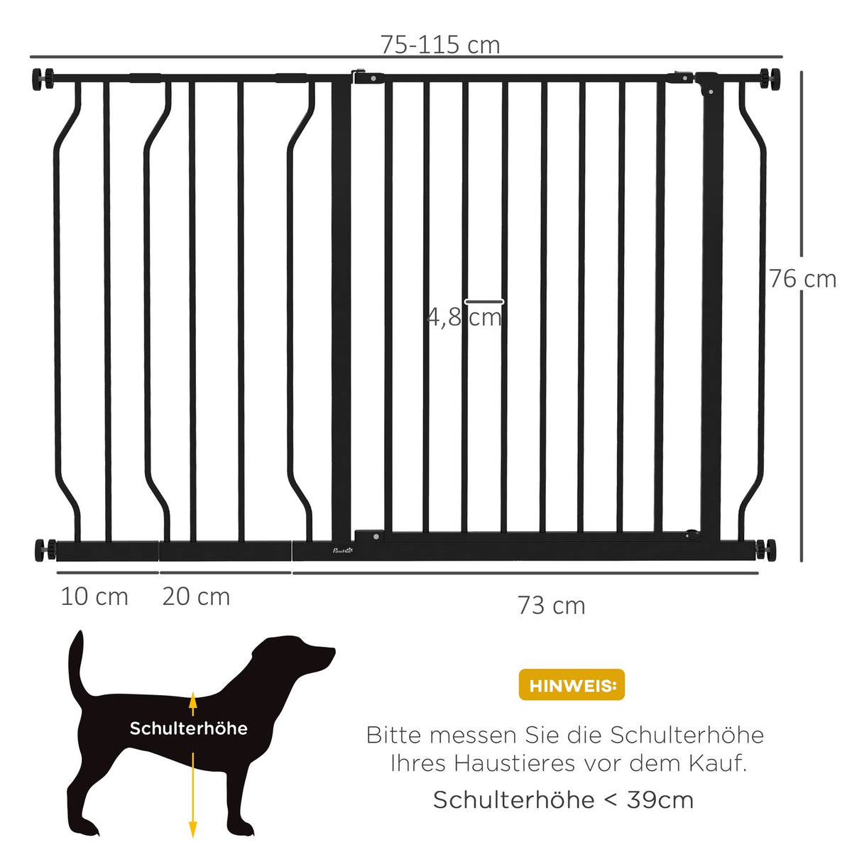 Door gate dog length adjustable, assembly without drilling, baby door gate, protective gate, two-way opening, black, 75-115 cm