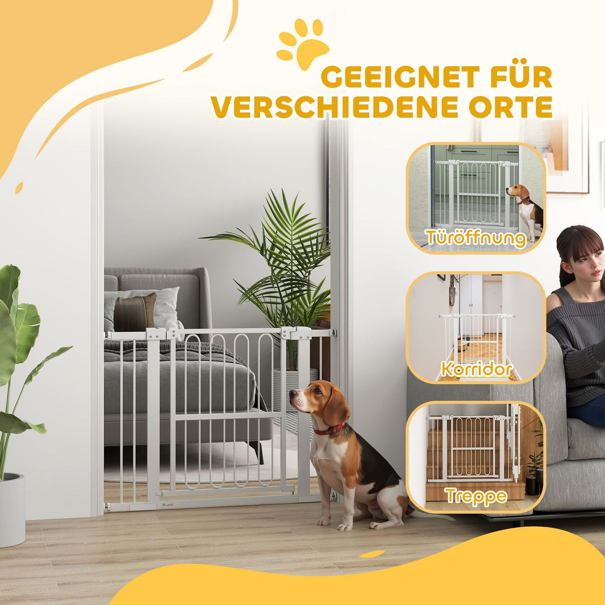 Door gate for dogs, 76-104 cm stair gate without drilling, lockable stair gate, protective gate for all large dogs, steel, white
