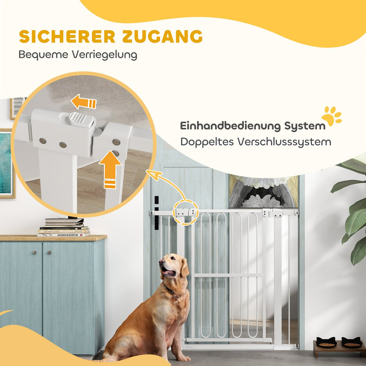 Door gate for dogs, 76-104 cm stair gate without drilling, lockable stair gate, protective gate for all large dogs, steel, white