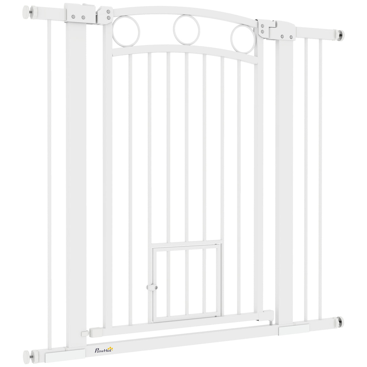 Door gate for dogs, 76-104 cm stair gate without drilling, lockable stair gate with cat door, protective gate for all large dogs, steel, white