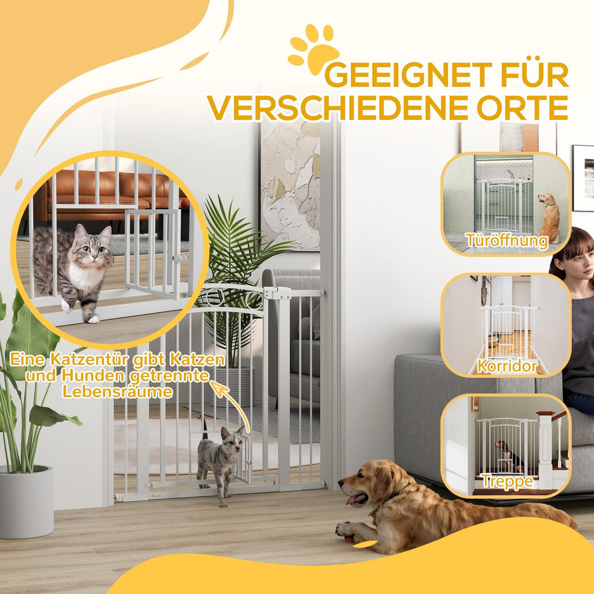 Door gate for dogs, 76-104 cm stair gate without drilling, lockable stair gate with cat door, protective gate for all large dogs, steel, white