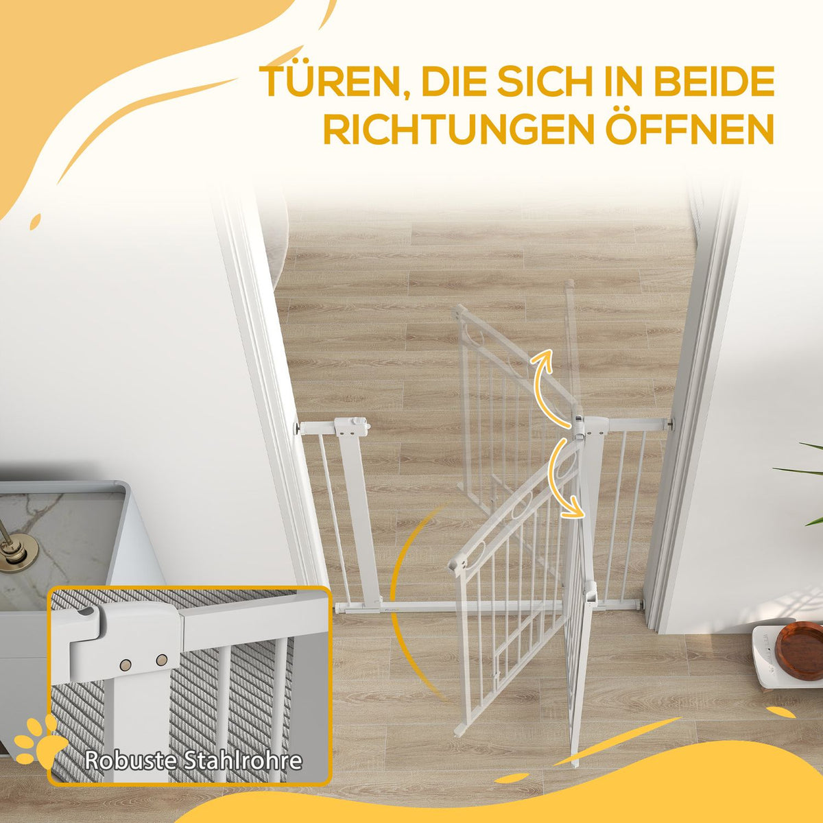 Door gate for dogs, 76-104 cm stair gate without drilling, lockable stair gate with cat door, protective gate for all large dogs, steel, white