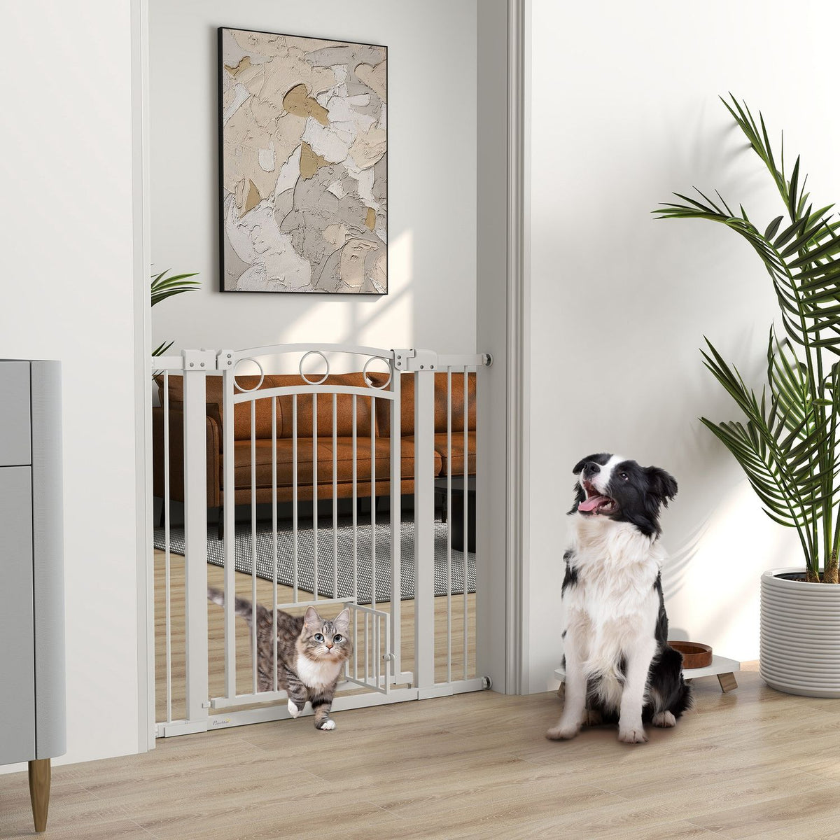 Door gate for dogs, 76-104 cm stair gate without drilling, lockable stair gate with cat door, protective gate for all large dogs, steel, white