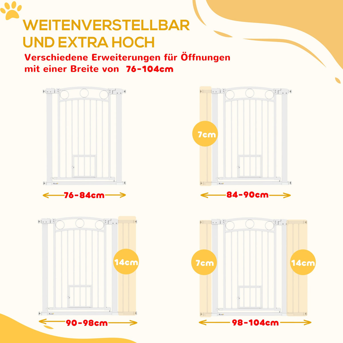 Door gate for dogs, 76-104 cm stair gate without drilling, lockable stair gate with cat door, protective gate for all large dogs, steel, white