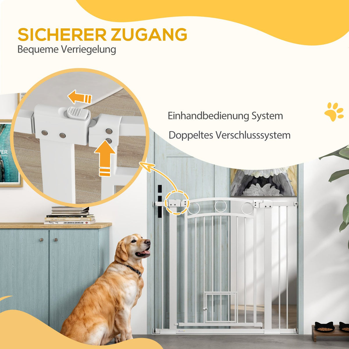 Door gate for dogs, 76-104 cm stair gate without drilling, lockable stair gate with cat door, protective gate for all large dogs, steel, white