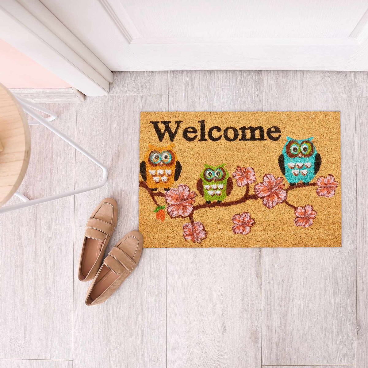 Doormat coconut fiber "Welcome" owls