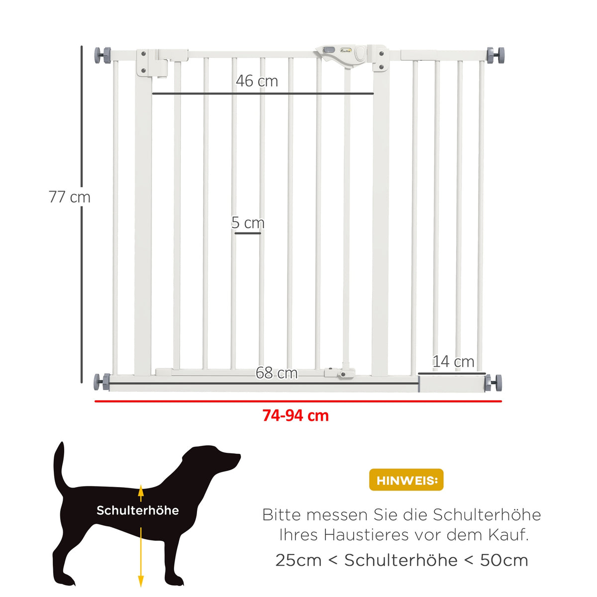 Door protection gate for dogs, barrier gate, 74-80/87-94 cm, stair gate for pets, dog gate including various extensions, protective gate without drilling, metal, plastic, white |