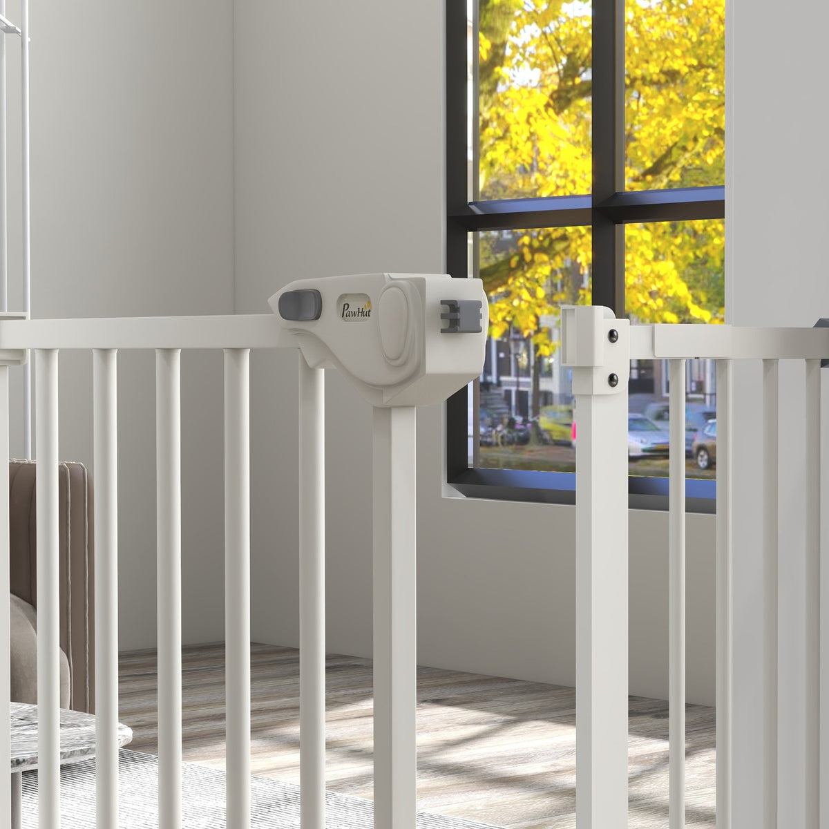 Door protection gate for dogs, barrier gate, 74-80/87-94 cm, stair gate for pets, dog gate including various extensions, protective gate without drilling, metal, plastic, white |