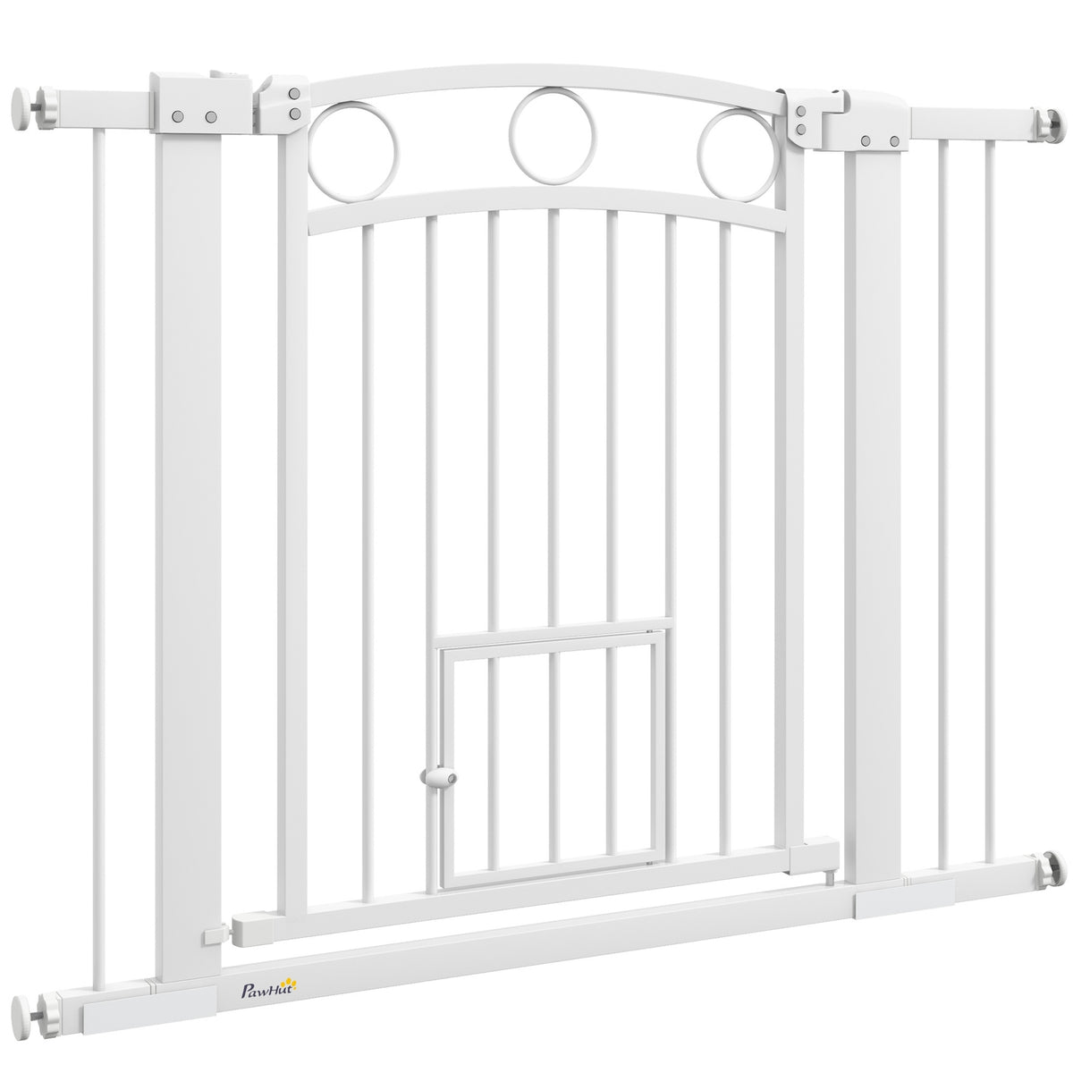 Door safety gate, 76-104 cm stair gate, stair gate without drilling, stair gate with cat door, lockable safety gate, for medium-sized dogs, steel, white
