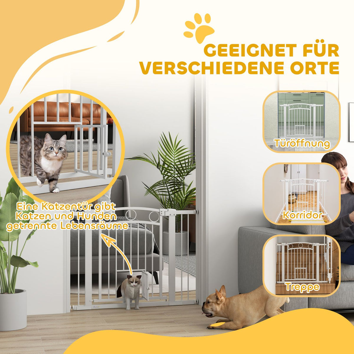 Door safety gate, 76-104 cm stair gate, stair gate without drilling, stair gate with cat door, lockable safety gate, for medium-sized dogs, steel, white