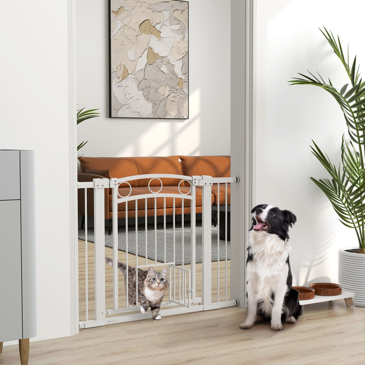 Door safety gate, 76-104 cm stair gate, stair gate without drilling, stair gate with cat door, lockable safety gate, for medium-sized dogs, steel, white
