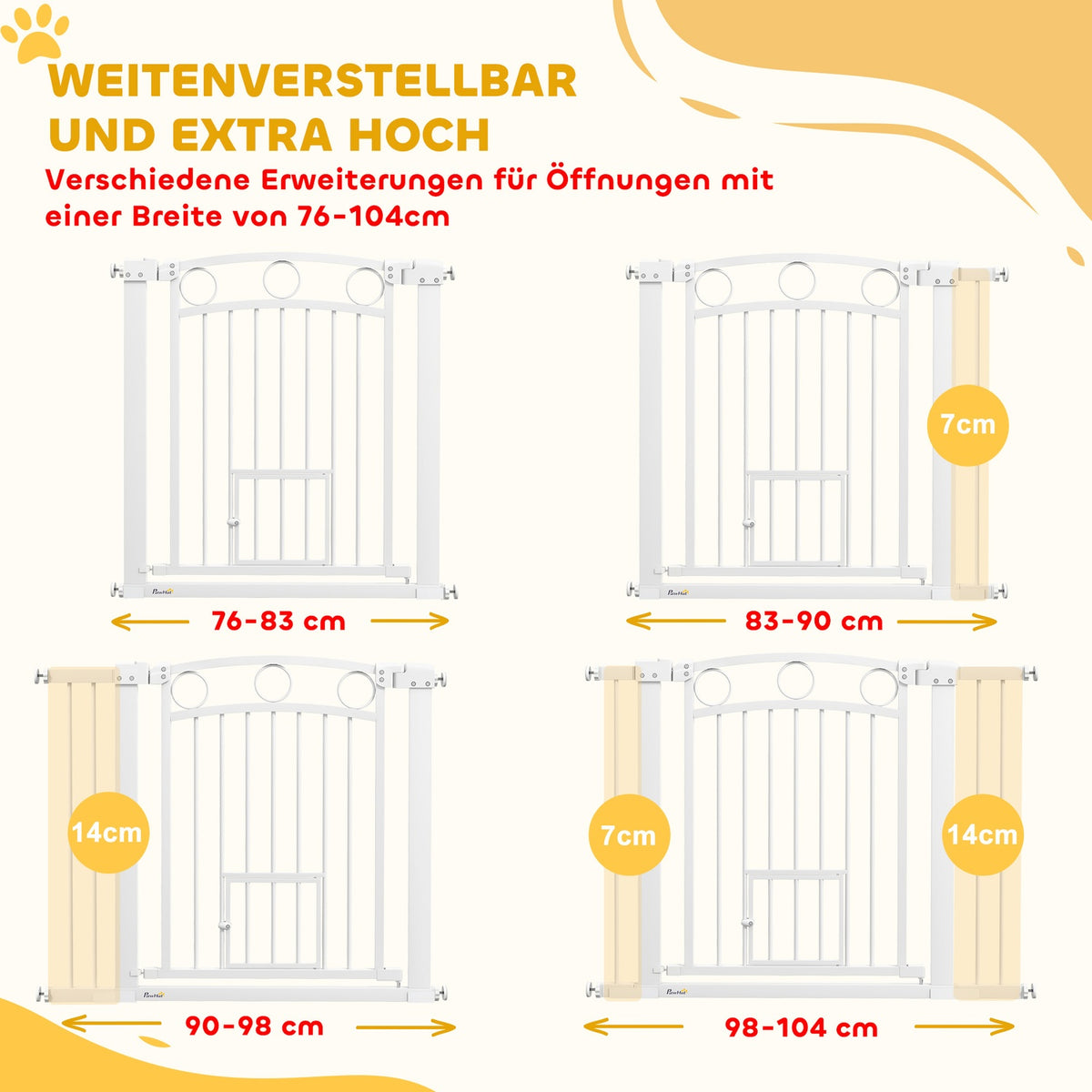 Door safety gate, 76-104 cm stair gate, stair gate without drilling, stair gate with cat door, lockable safety gate, for medium-sized dogs, steel, white