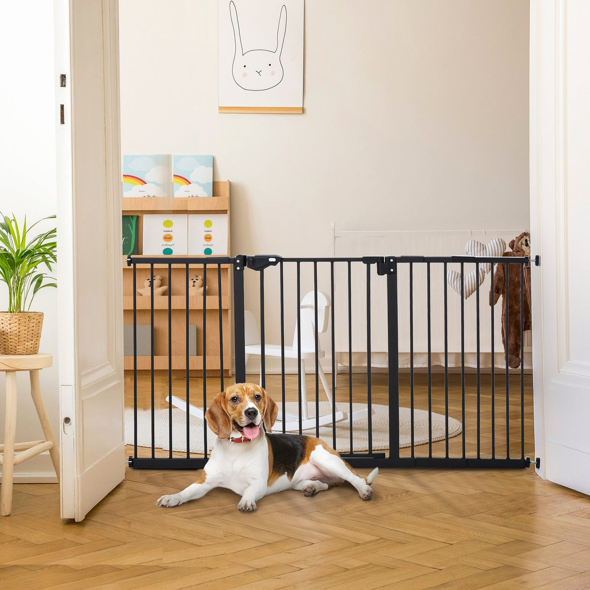Door safety gate, barrier gate, protective gate for pets, stair gate, no drilling, metal, plastic, black, 136.3 cm x 76.2 cm