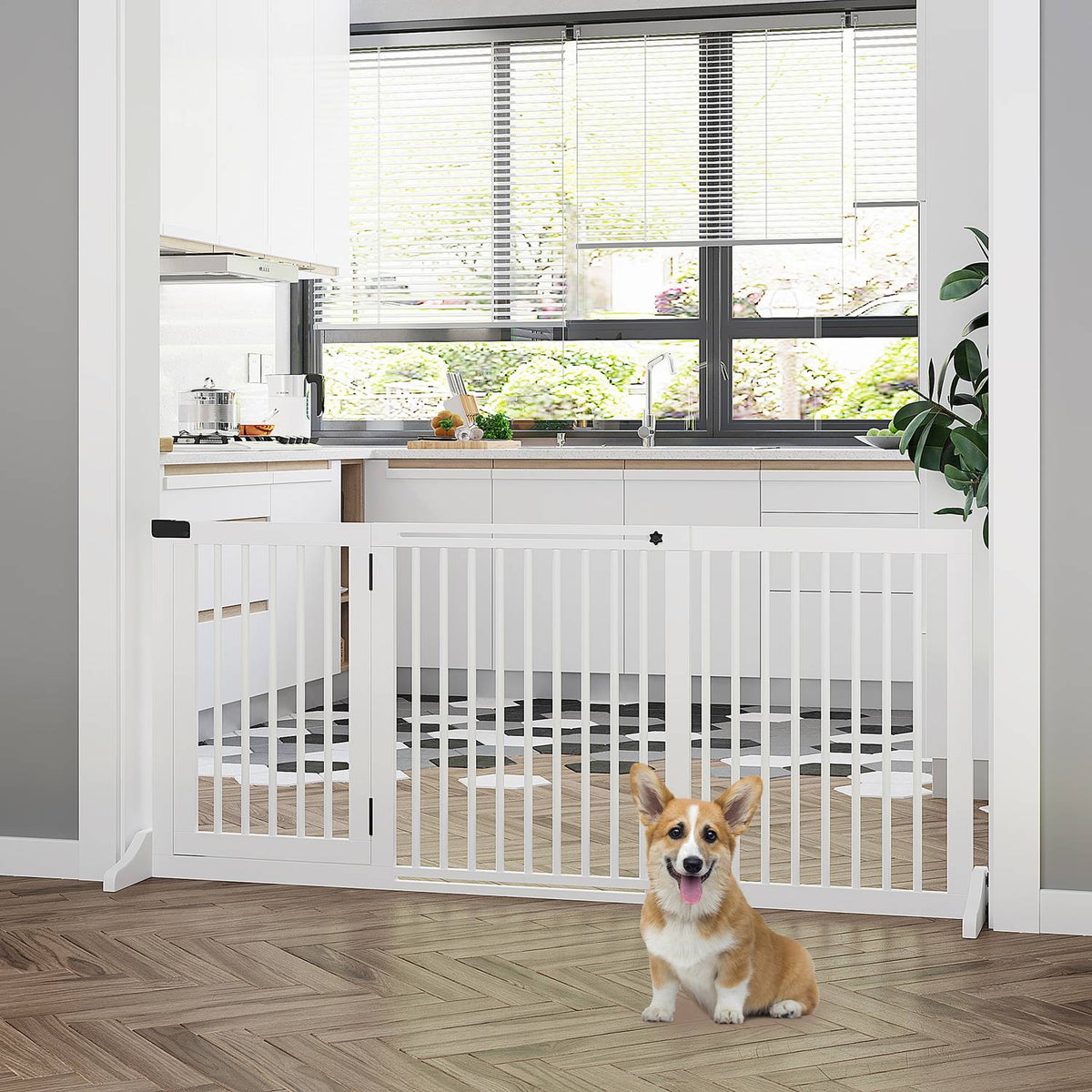 Door safety gate for dogs Freestanding wooden safety gate with door, white, 113-166x36x71cm
