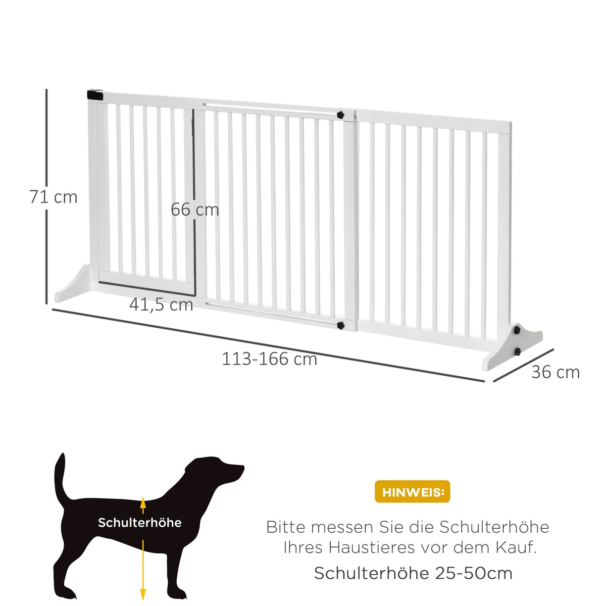 Door safety gate for dogs Freestanding wooden safety gate with door, white, 113-166x36x71cm