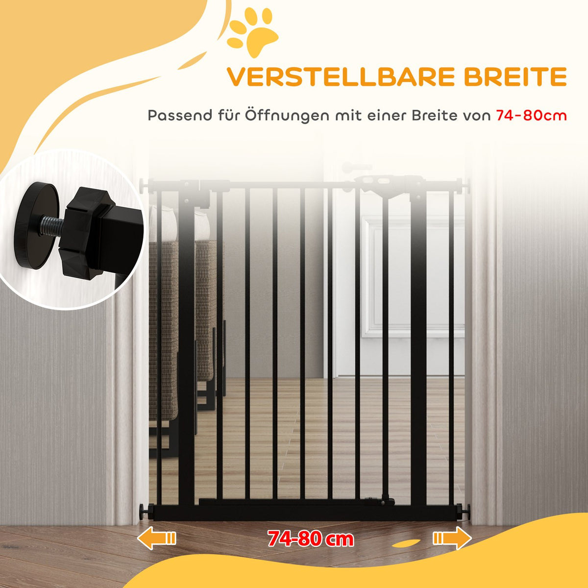 Door safety gate for dogs, barrier gate, 74-80 cm, stair gate for pets, dog gate including various extensions, protective gate without drilling, metal, plastic, black |