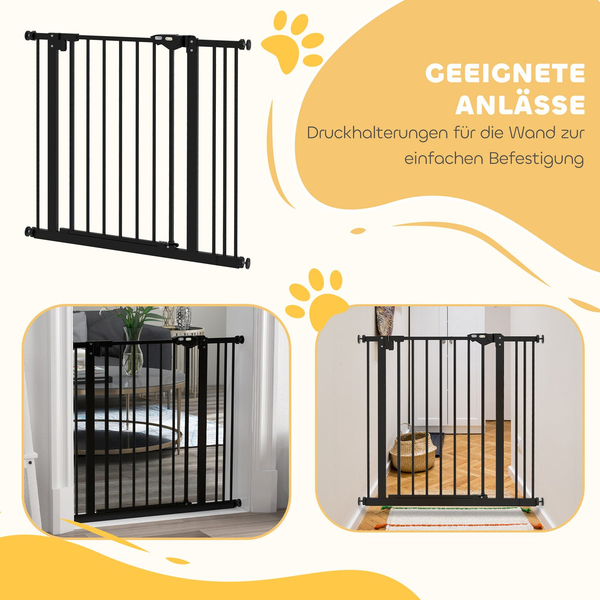 Door safety gate for dogs, barrier gate, 74-87 cm, stair gate for pets, dog gate including various extensions, protective gate without drilling, metal, plastic, black |