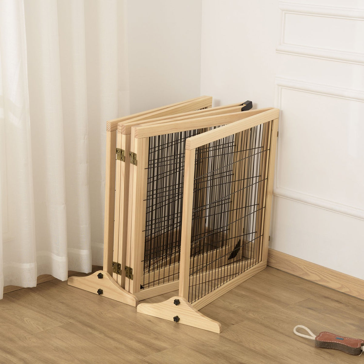 Door safety gate for dogs with footrest, bidirectional folding, pine wood, metal, natural, 432x36x70cm