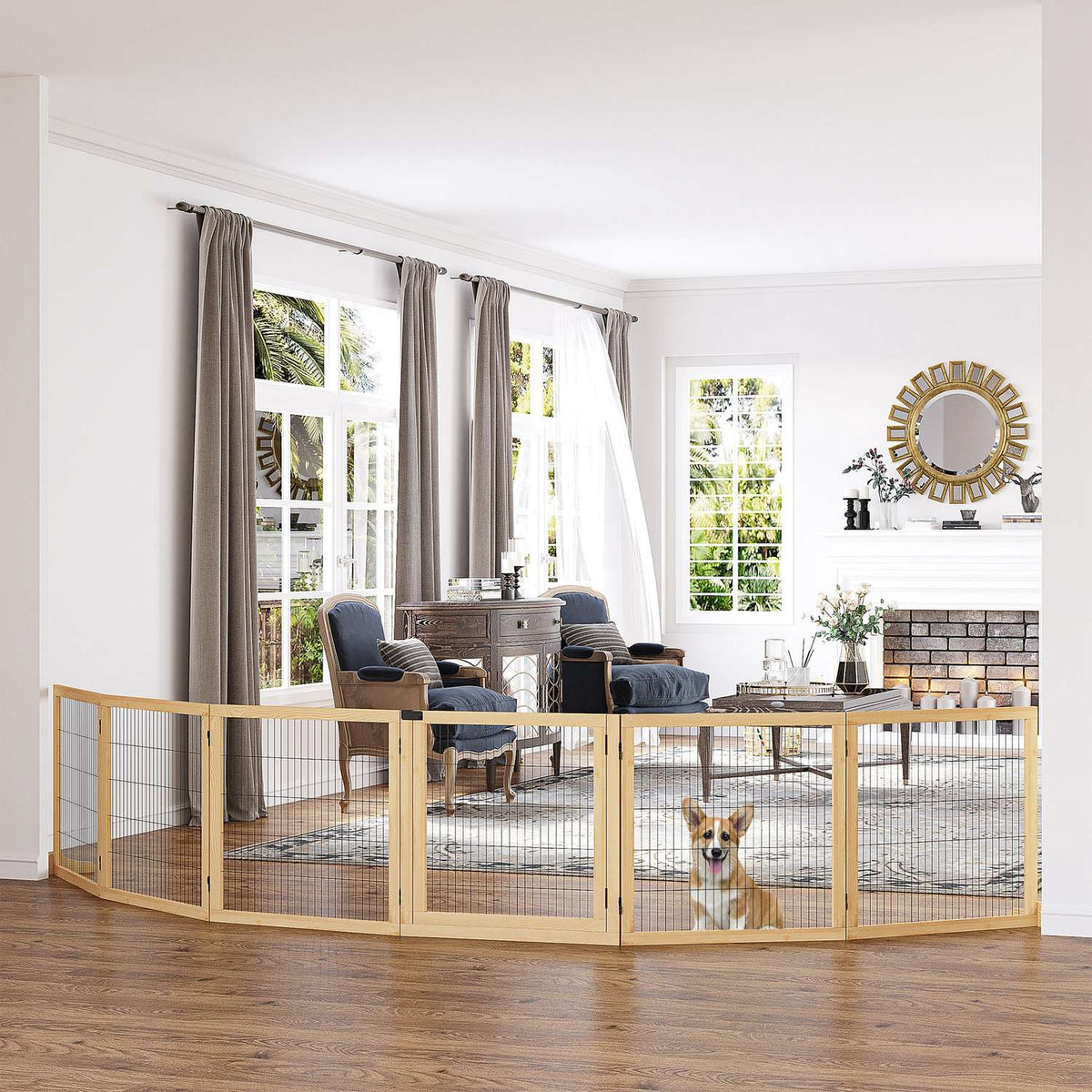 Door safety gate for dogs with footrest, bidirectional folding, pine wood, metal, natural, 432x36x70cm