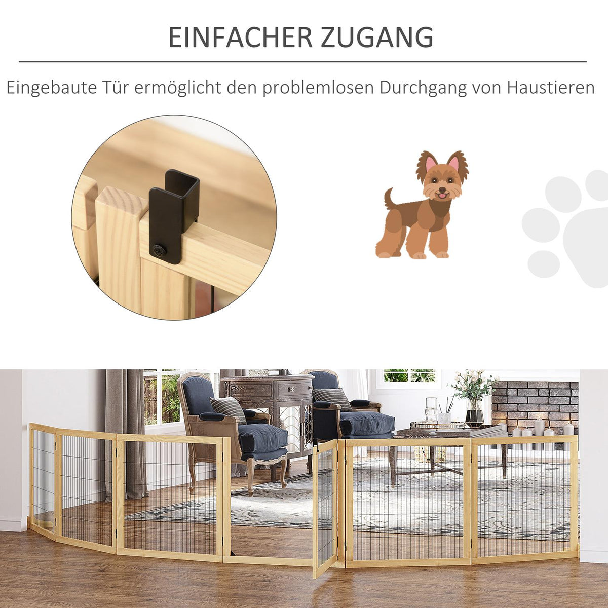 Door safety gate for dogs with footrest, bidirectional folding, pine wood, metal, natural, 432x36x70cm