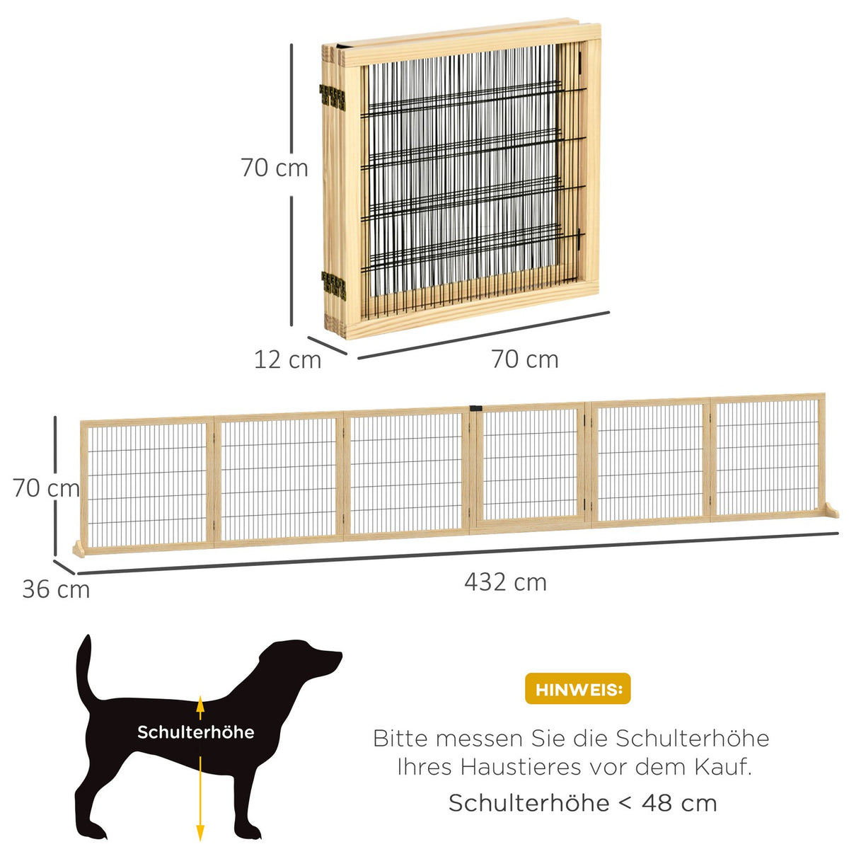 Door safety gate for dogs with footrest, bidirectional folding, pine wood, metal, natural, 432x36x70cm