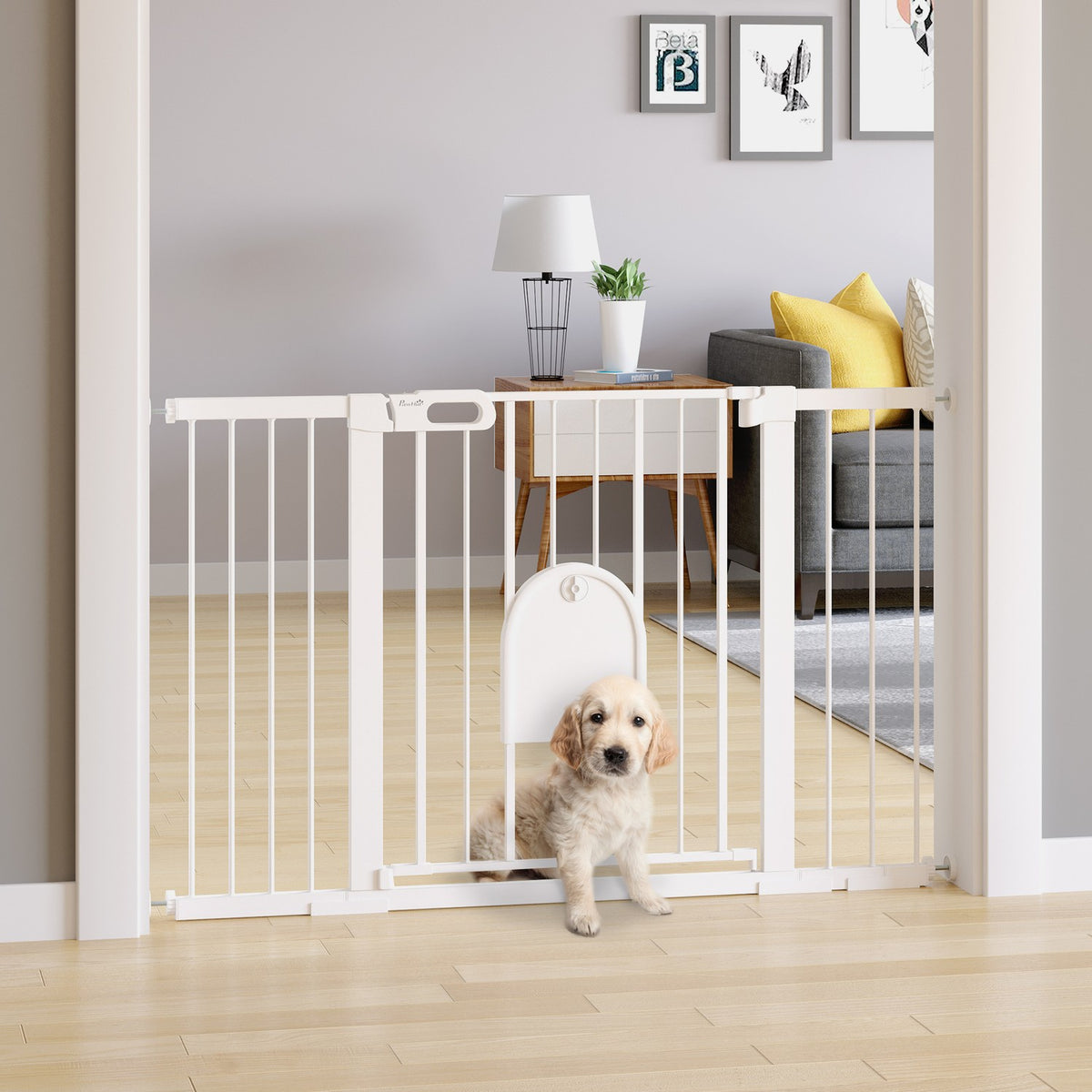 Door safety gate stair gate 75-131cm clamp fastening made of metal and ABS in white 76cm high for safety in the home