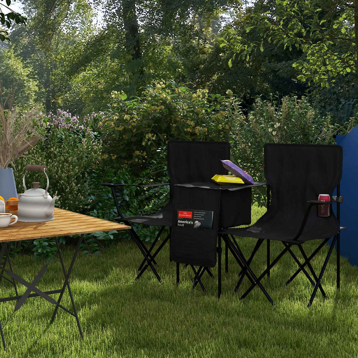 Double Camping Chair, Portable Double Folding Chair With Table, Cup Holder, Storage Compartments, Garden Chair For 2 People, Lawn, Black