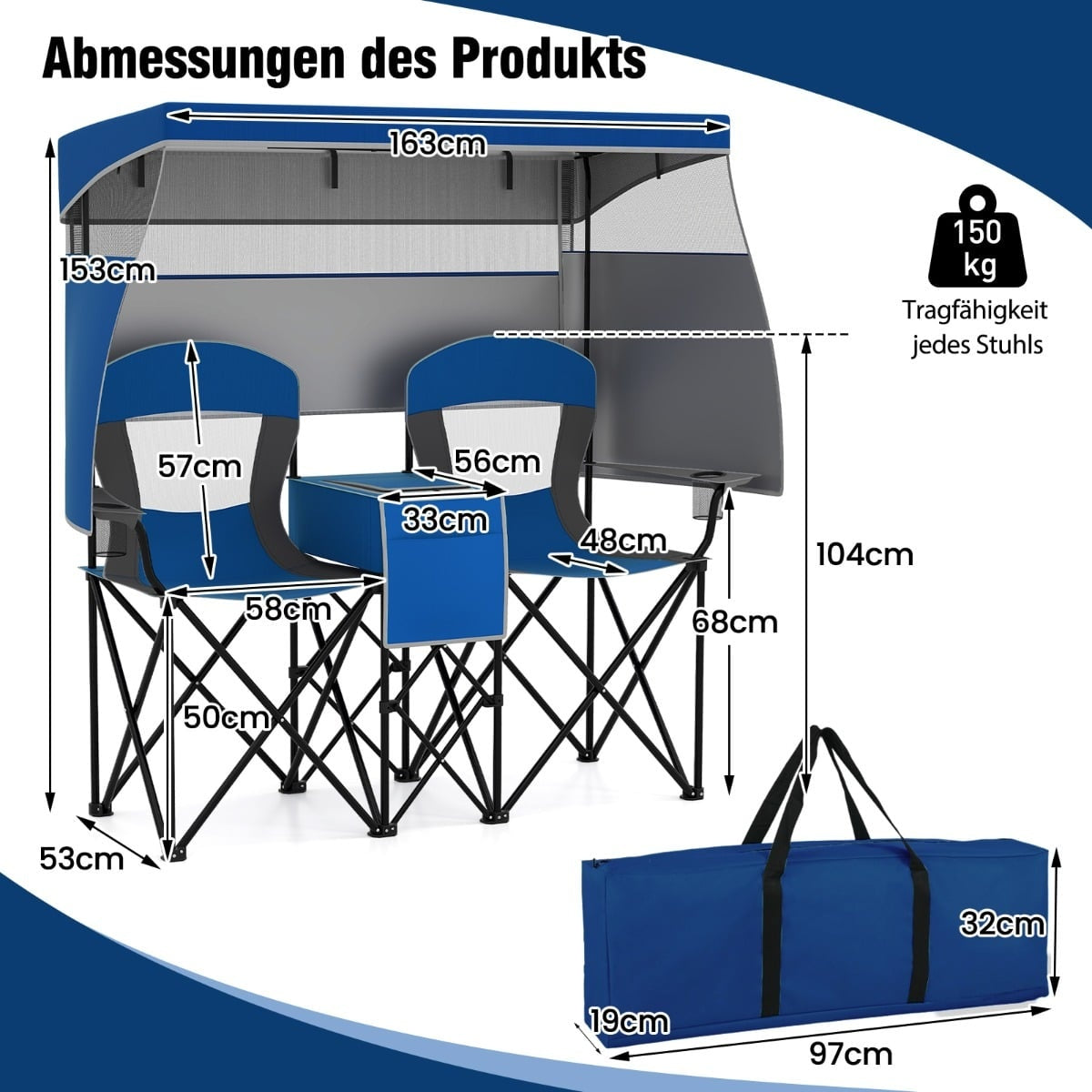 Double Camping Chair with Adjustable Canopy, Cooler & Cup Holders