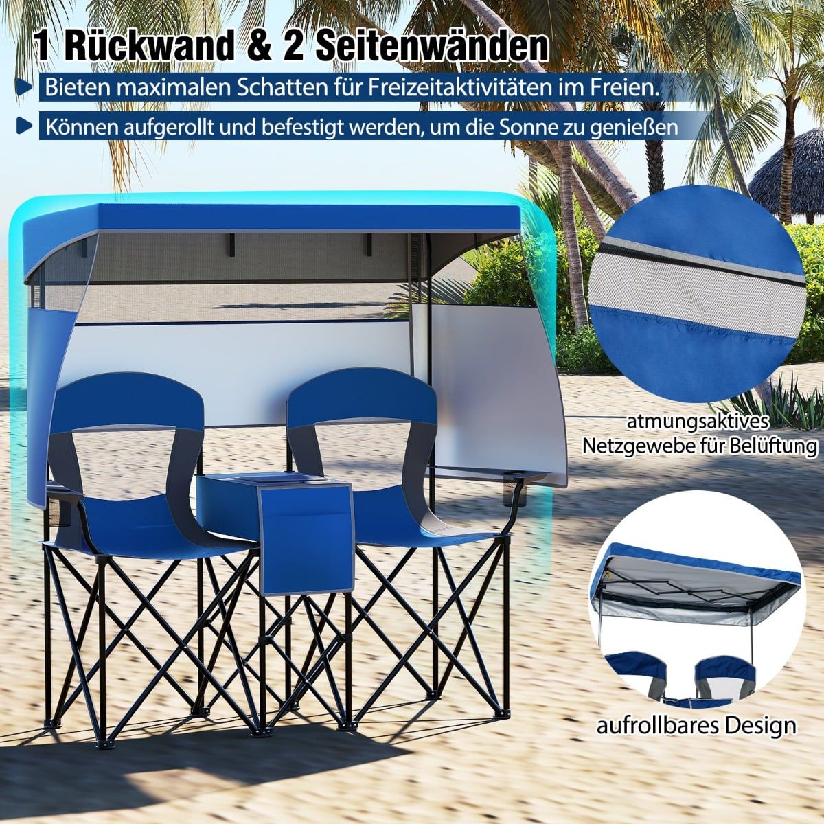 Double Camping Chair with Adjustable Canopy, Cooler & Cup Holders