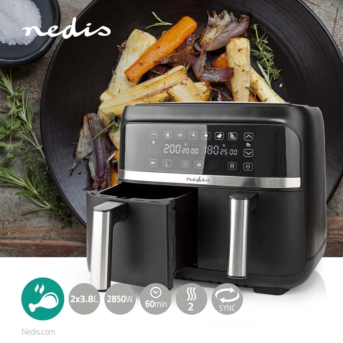 Double Hot Air Fryer | 2x3.8 l | Timer: 60 min | Number of preset programs: 6 | Digital | Black
